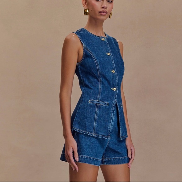 Meshki Abel Denim Dark Blue Button Up Sleeveless Top Sz. M - Picture 7 of 8